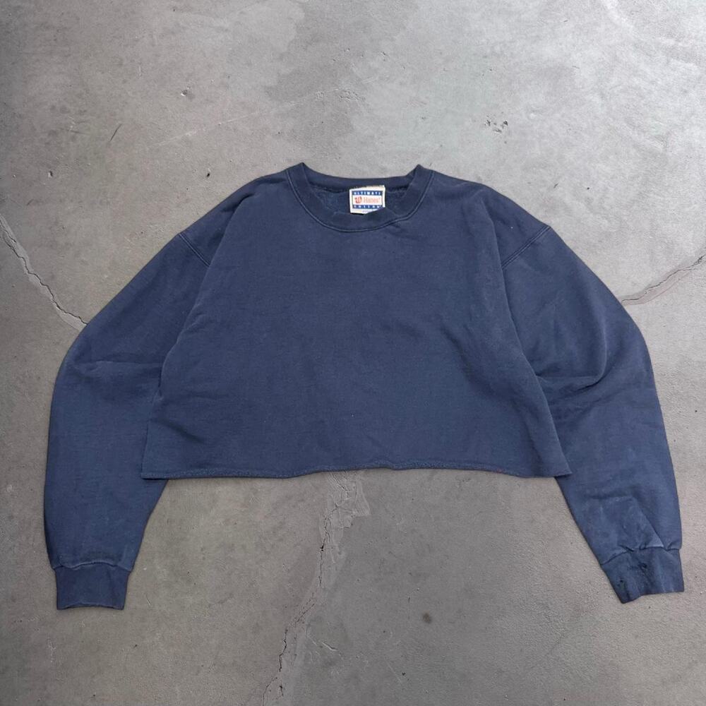 Vtg 90s Hanes Heavyweight Navy Blue Cropped Sweatshirt Raw Hem Crewneck Large